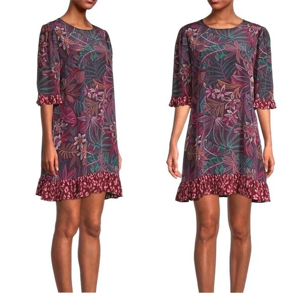 Johnny Was Jade Alicante L 100% Silk Dress XL Tunic Mini Ruffled Purple Tropical - Picture 4 of 9